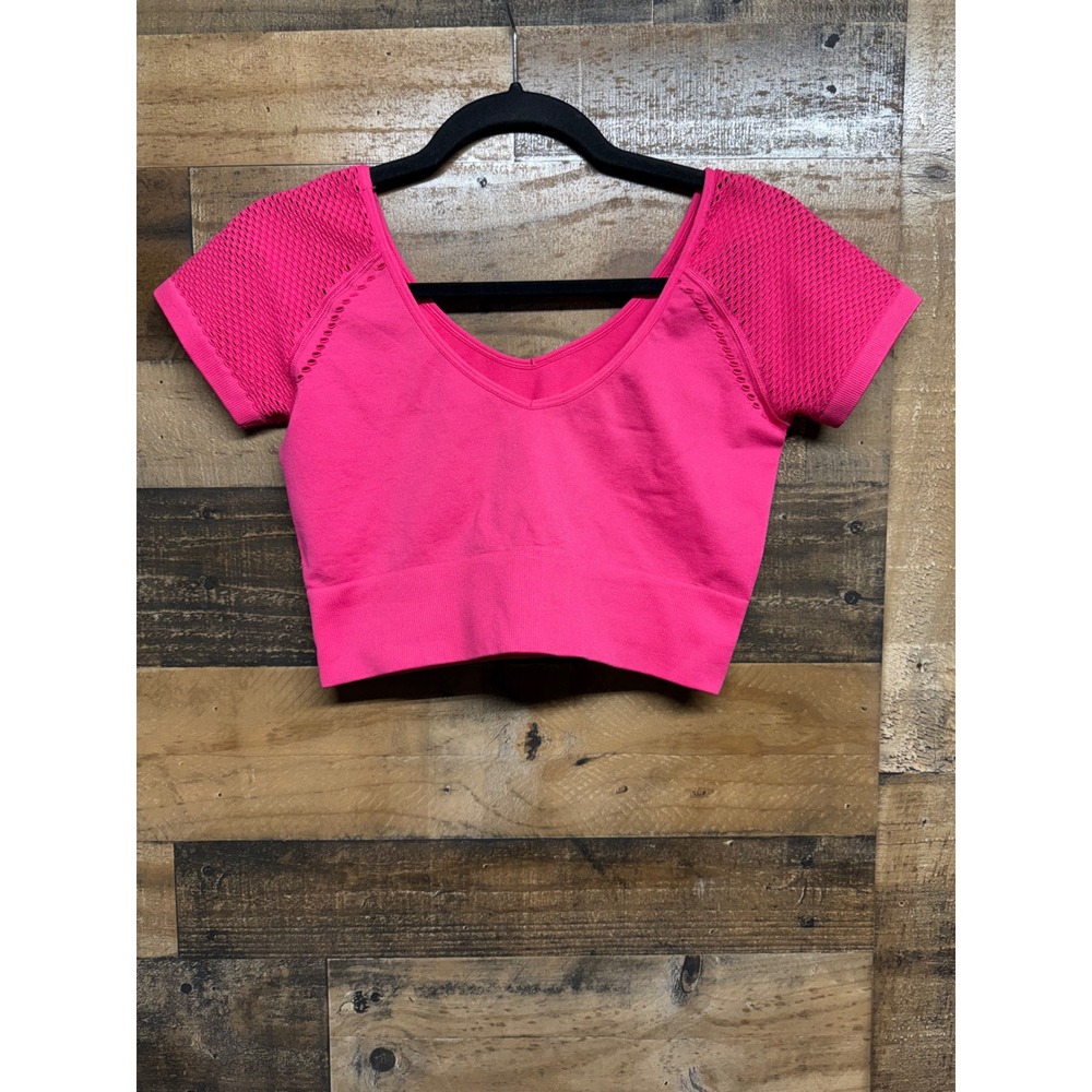 OFFLINE by Aerie Neon Pink Seamless Mesh V-Neck Crop Top Short Sleeve Medium